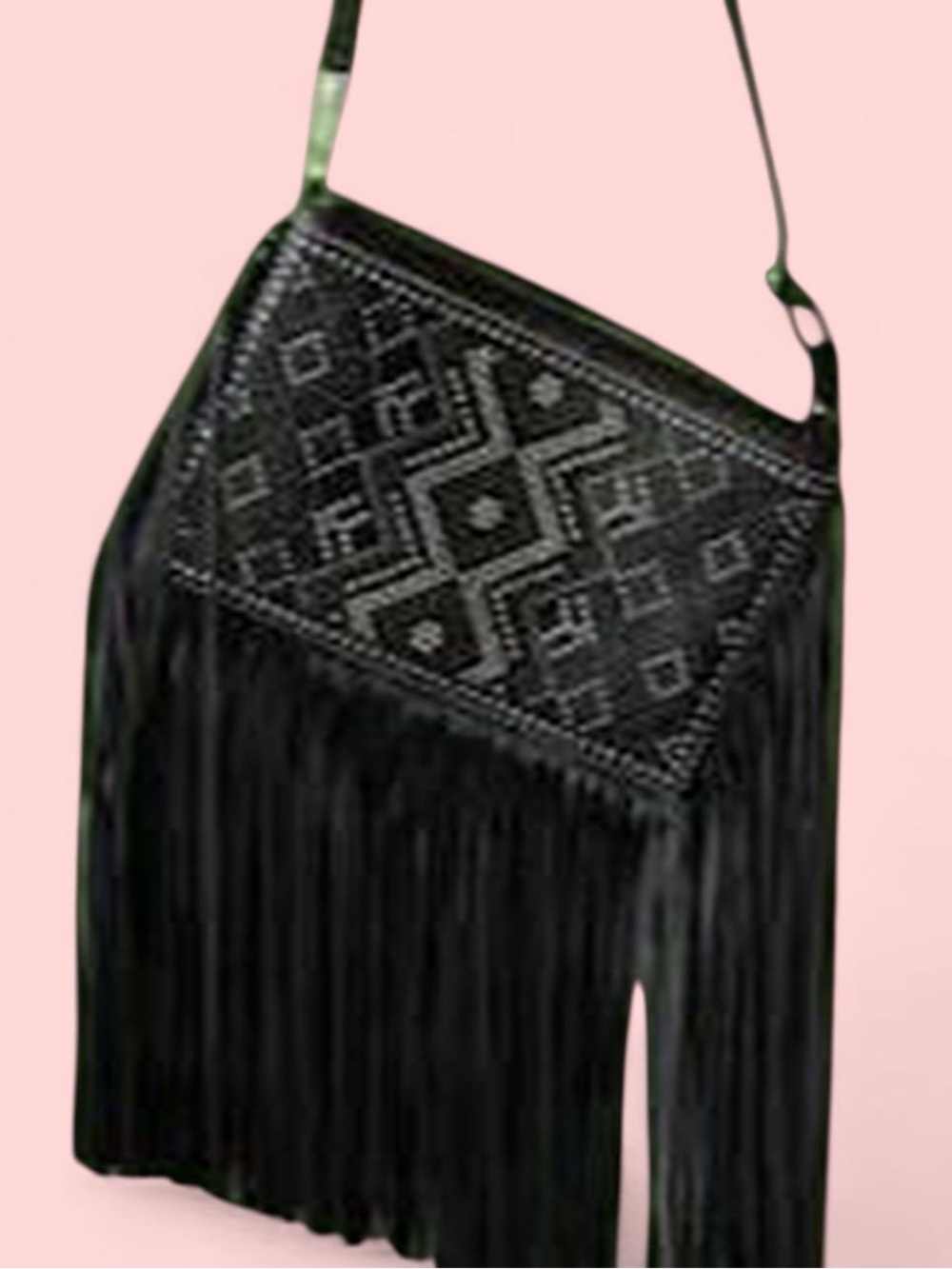 American Vintage Black Fringe Shoulder Bag with Geometric Embroidery